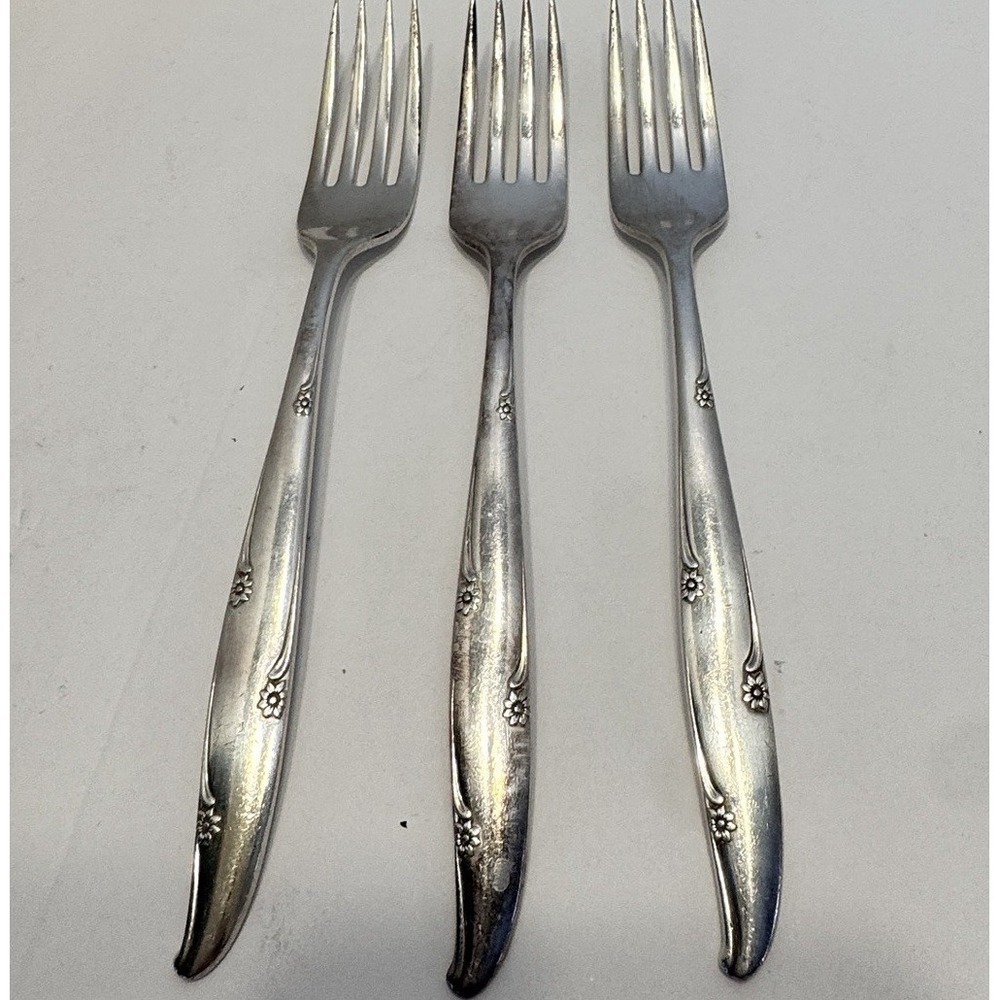 3 Oneida Community Silver Flower Dinner Fork Plated Set Flatware 60s Silverware